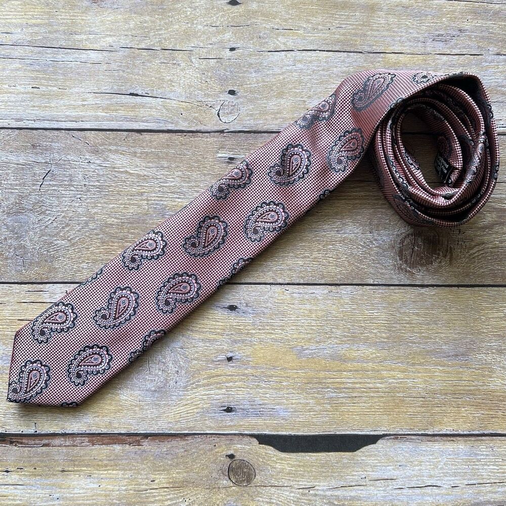 Adolfo Mens Paisley Necktie‎ Burgundy Black Microfiber Hand Made Formal Tie
